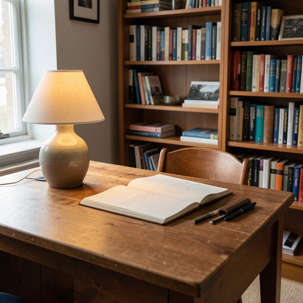 Editorial portrait of a nutrition writer at a wooden desk with notebooks and seasonal produce under soft natural light