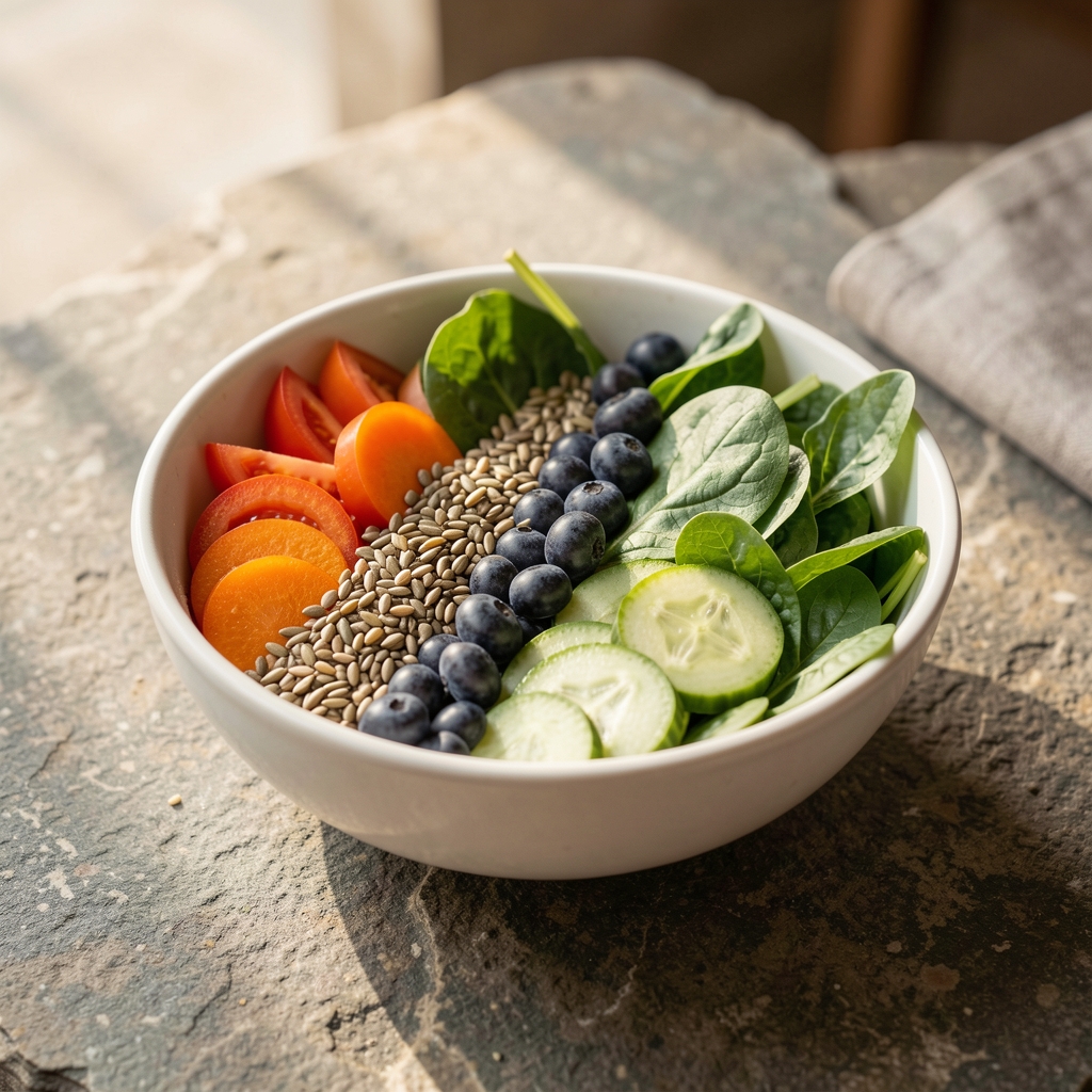 A neatly composed breakfast bowl with vibrant vegetables, seeds, and leafy greens on a stone surface under soft natural light