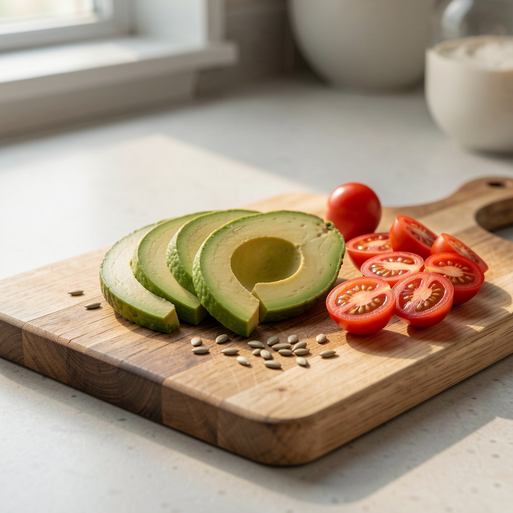 Close-up of a wooden chopping board with sliced avocado, halved cherry tomatoes, and scattered seeds on a kitchen counter in morning light
