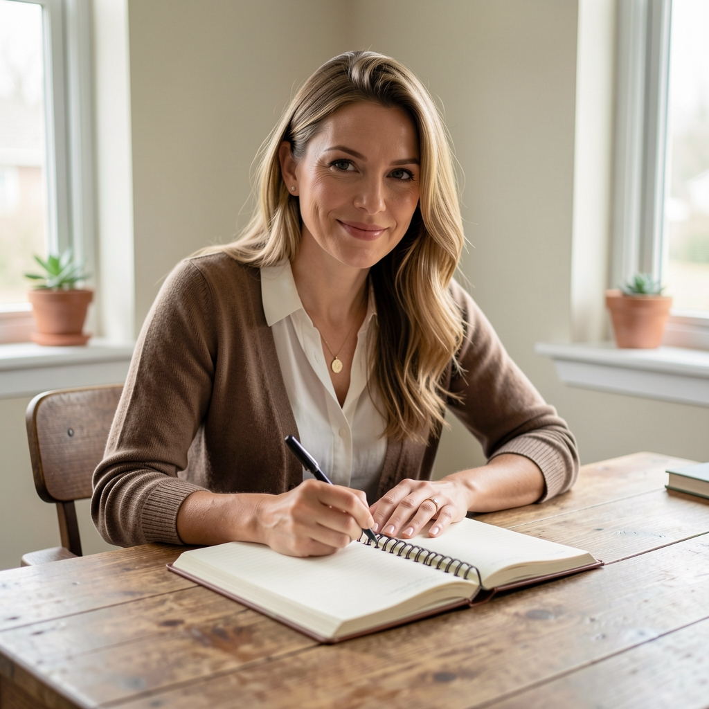 Cordelia Marsden, editor and nutrition writer, photographed at a wooden desk with a notebook under soft natural light