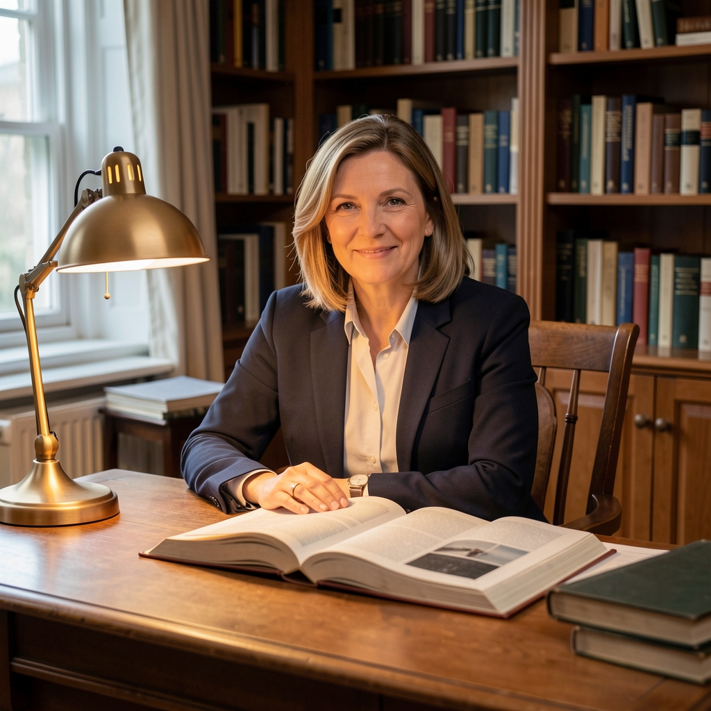 An editorial advisor photographed at a desk with open reference books, under warm desk lamp light in a quiet study